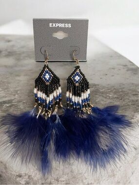 Express Blue Beaded Feather Drop Earrings